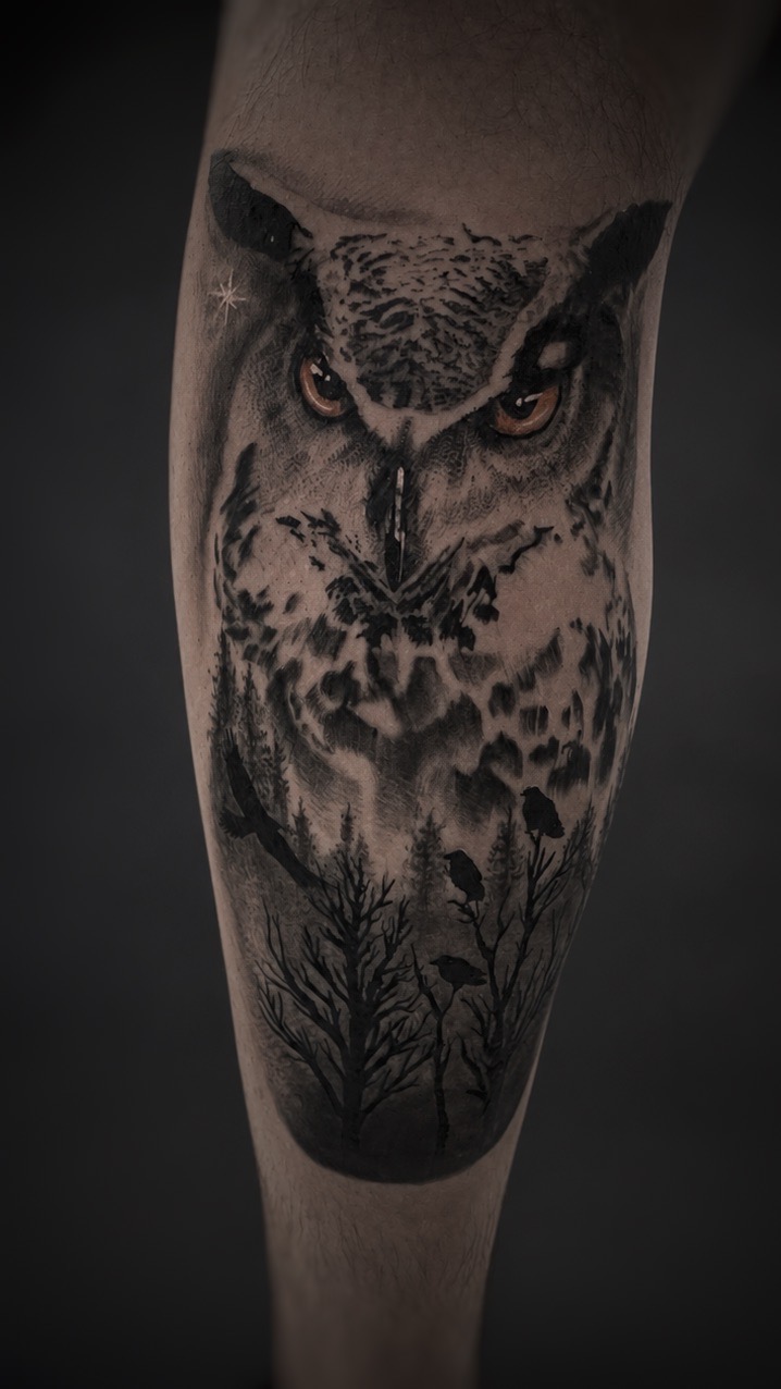 Owl landscape realism tattoo